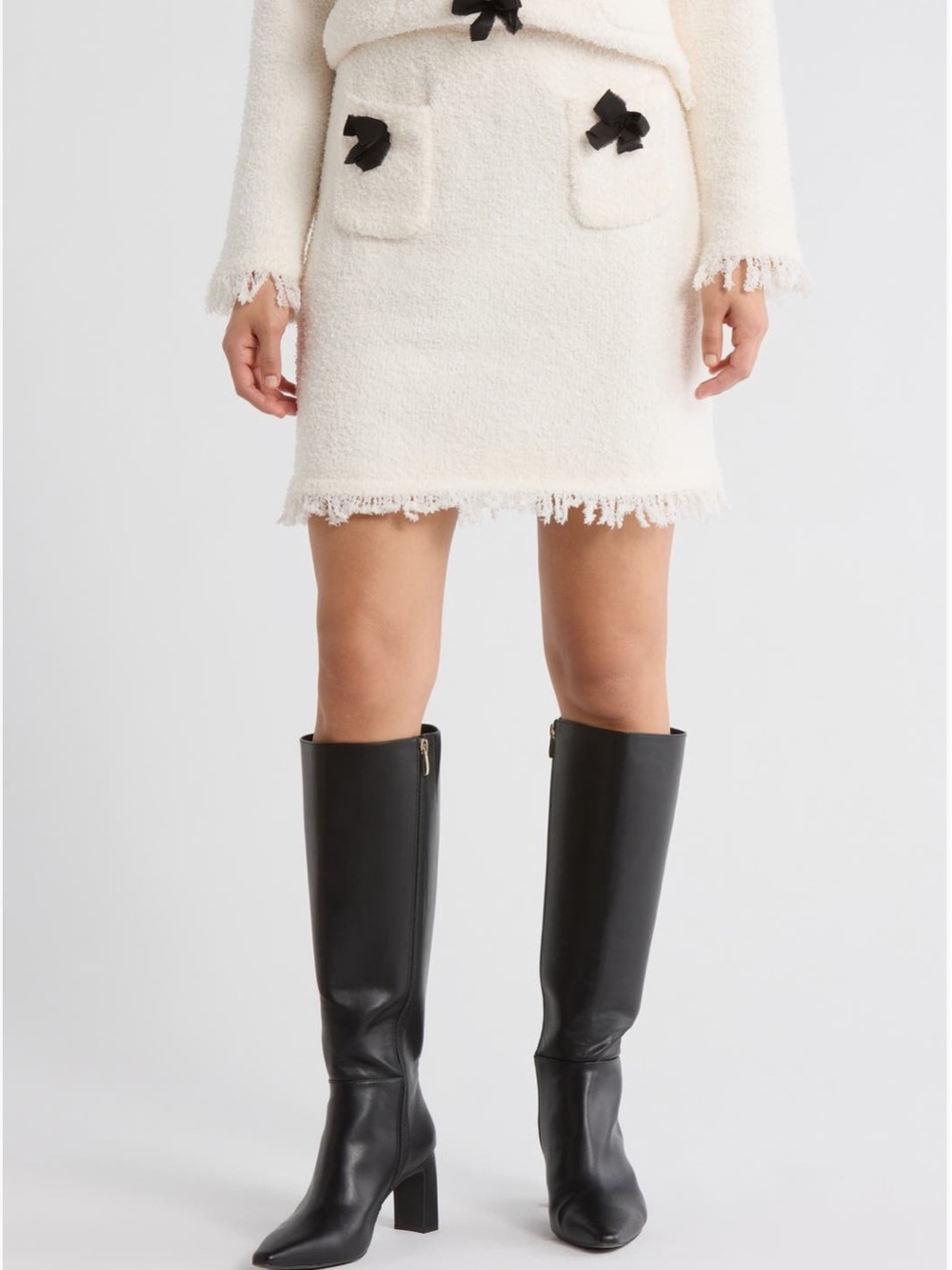 Adrianna Papell Ivory Boucle Bow Fringe Mini Skirt NWT L